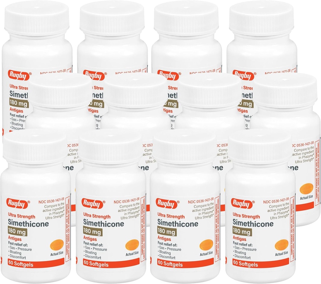 Rugby Ultra Strength Simeticone Plin Relief 180 mg - Maksimalna olajšava za plin za odrasle - lahko pomaga pri simptomih flatulence, napihnjenosti, plinskih polnosti - 60 softgels (12 Pack)