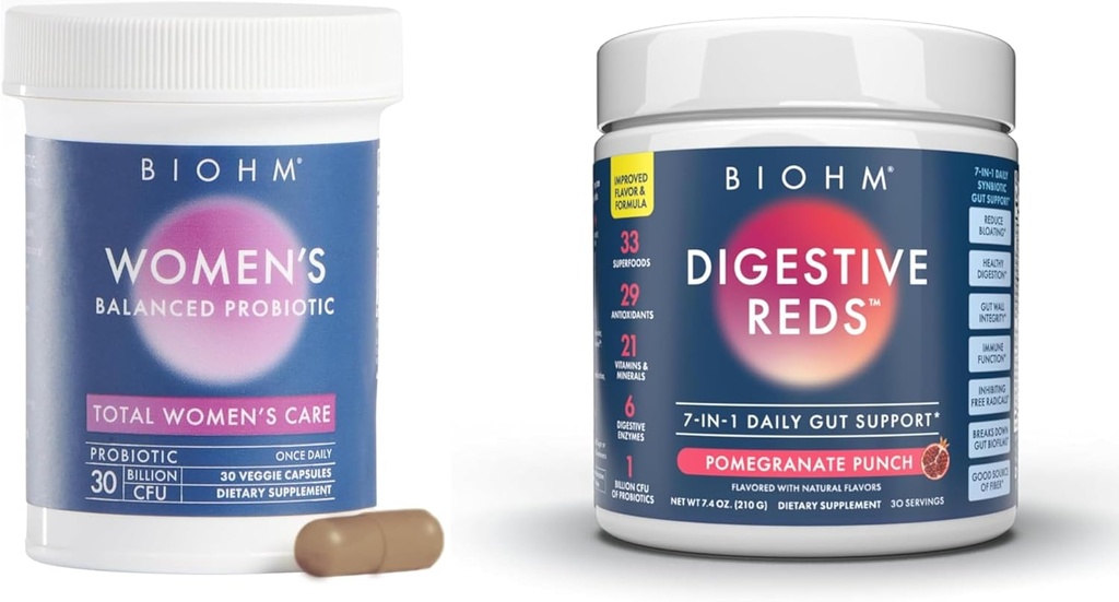 BIOHM ženski probiotiki 30B CFU & 210 oz Essential Prebavne rdeče Powder paket, Celovit Gut & Vaginal Health Support, Bogata z antioksidanti, encimi, vitamini