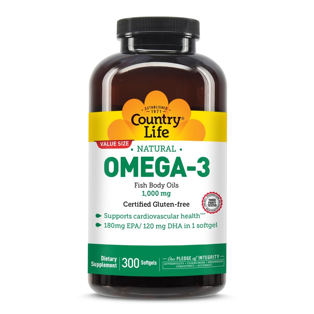 Država Life Omega-3 ribje olje dodatek, 1000mg, 180mg EPA & 120mg DHA, Ribje olje koncentrat, Burpless, 300 Softgels, Certified Gluten Free