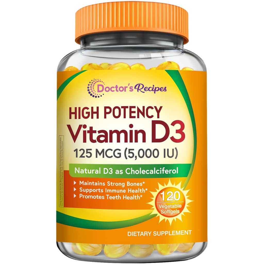 Zdravnikovi recepti Vitamin D3 5000IU, Imunska podpora za kosti, Zobje, in imunske funkcije, Non-GMO, No želatina, Gluten ali Soy, 120 vegetarijanske mehke