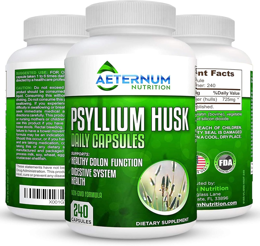 Aeternum Psyllium Husk Caps USA Made - Premium All Natural Fiber Supplement - 240 Husk Powder Kapsule 725 Mg na Serving, Podpira zdravo Prebavni sistem - All Natural 100% Topen