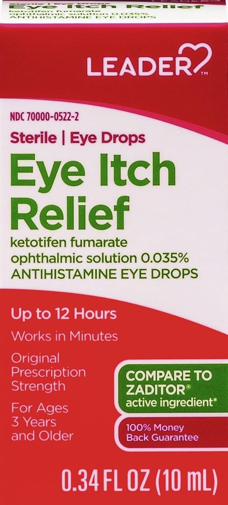LEADER Sterilne kapljice za oči alergija in srbečica Relief, Ketotifen Antihistaminik rešitev 0.035%, dela v minutah, do 12 ur, Predpisovanje moč 0.34 oz