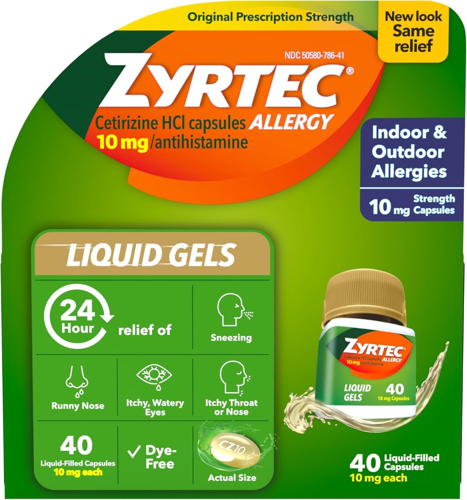 Zyrtec 24 ur Alergija Relief Tekoči geli, Antihistaminiki Kapsule s Cetirizine HCl Alergija Medicina za vse dni Relief iz Runny Nose, Sneesing, Srbeče oči in več, 40 grof