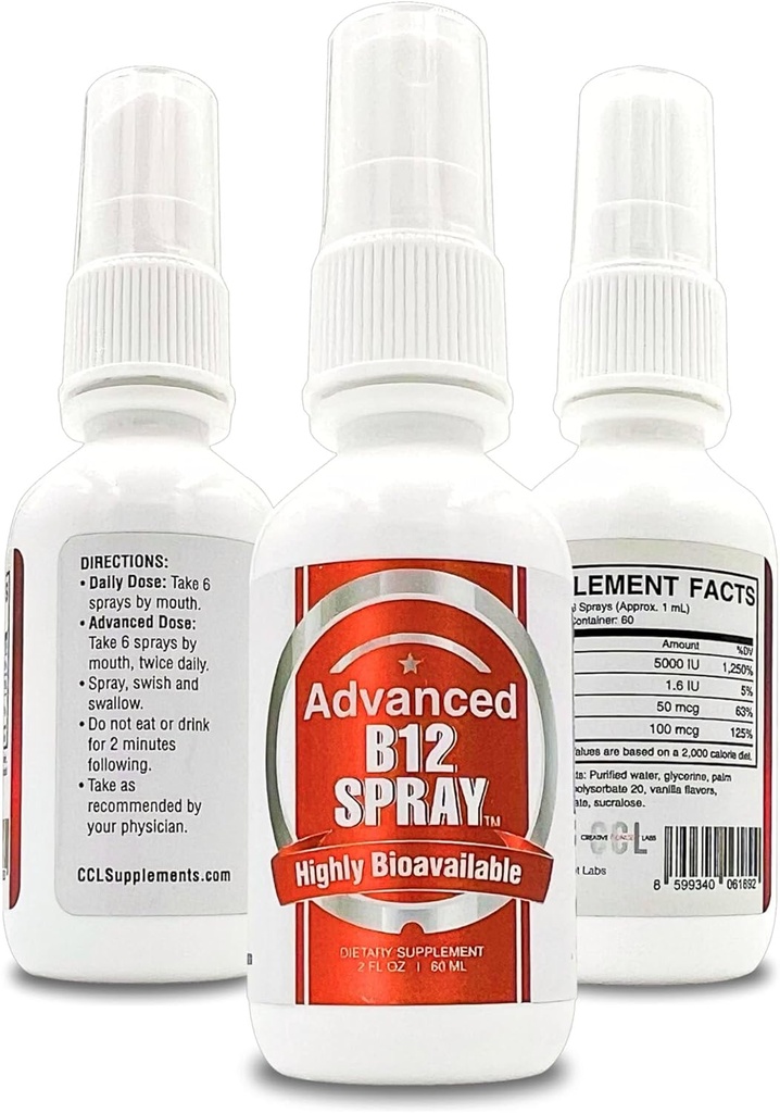 Vitamin B12 Energijski Spray, Metilkobalamin s folno kislino Podjezično Tekoči kompleks za fokus, & Presnova, Nano tehnologija Takojšnja absorpcija in odmerek po meri (2 oz - 60 Serving)