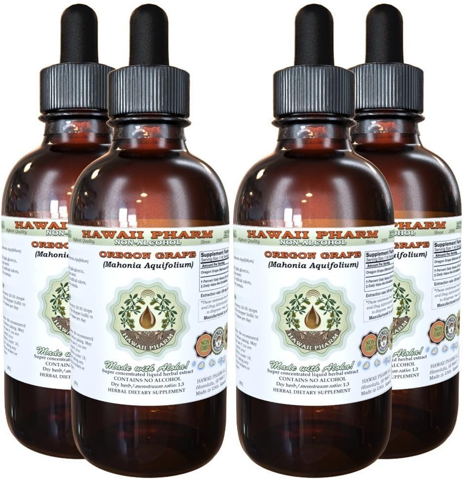 Havaji Pharm Oregon Grozdje brez alkohola Tekoči ekstrakt, Oregon Grozdje (Mahonia aquifolium) Posušeni koren Glicerit Naravni zeliščni dodatek, ZDA 4x4 fl.oz
