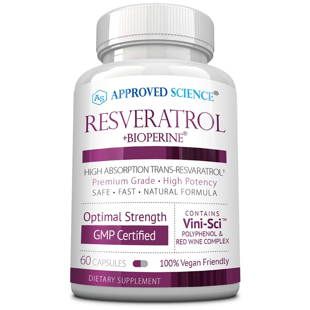 Odobreni Science® Resveratrol - 1000 mg Trans Resveratrol - 250 mg polifenola - 98% raven čistosti - vključuje Bioperine® - 60 Veganskih prijaznih kapsul - 1 steklenička