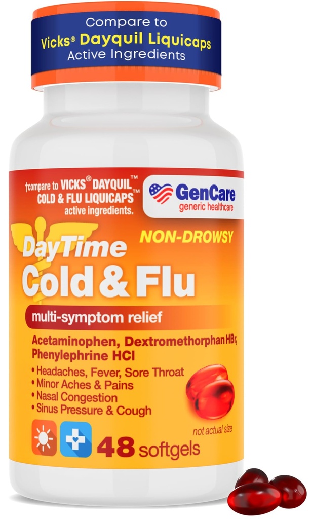 GenCare - multi Symptom non Drowsy Daytime Cold & Flu Relief Acetamofen 325mg, Dextrometorfan HBr 10mg, Phylephrine HCl 5mg (48 Softgels) Non Habit Forming Pain Reliever & Nazal Dekongestivant