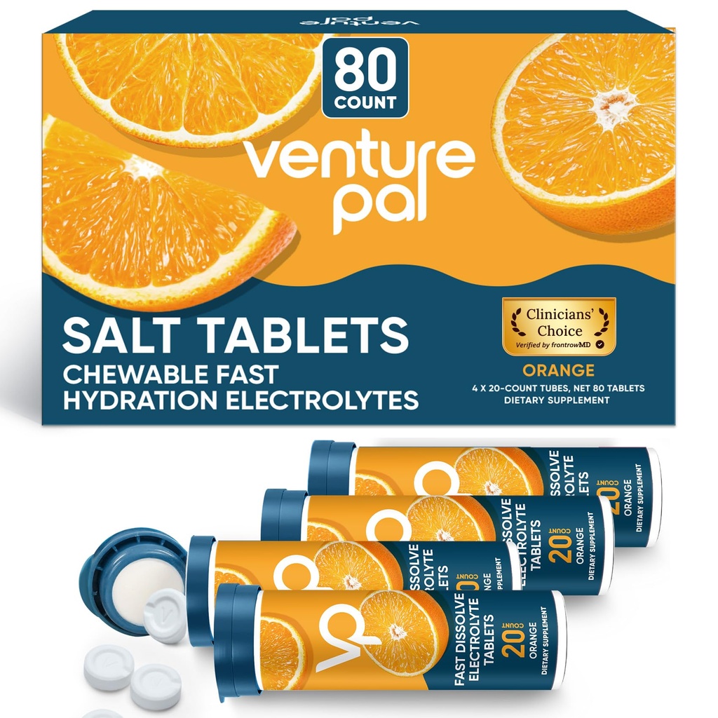 Venture Pal Žvečljive elektrolitske tablete, 80 Štetje hitro raztapljanje Sugar-free palčke Sol tablete - Variety Pack za hitro hidracijo, zunanji tek, pohodništvo, športi 