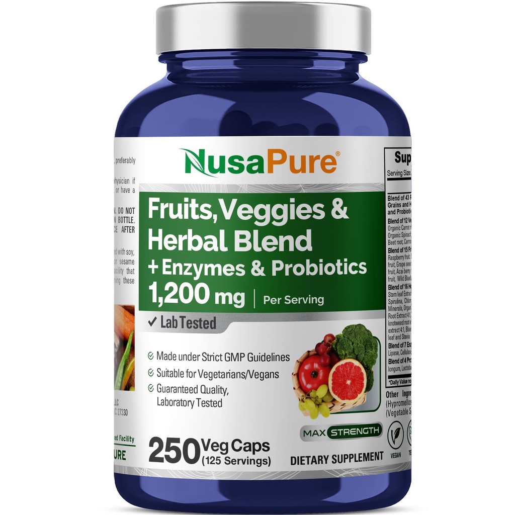 NusaPure 43 Sadje in zelenjavo Zeliščna mešanica, 11 Encimi in probiotiki, 1200 mg, 250 Veggie kapsule (ne-GMO, Vegan)