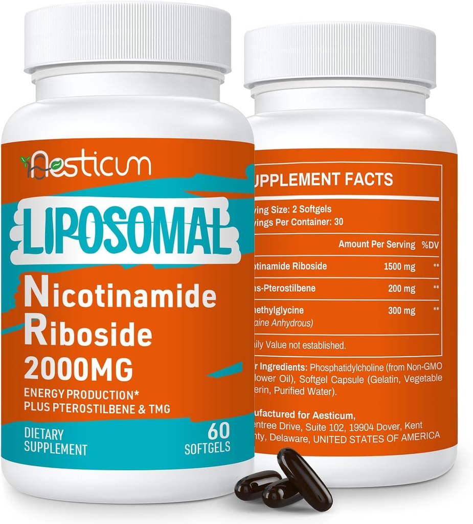 2000 MG Liposomski Nikotinamid Ribozidni dodatek s TMG & Pterostilbenom, visoko biološko razpoložljivostjo NAD+ Pospeševalni dodatek, Vrhunec niacinamida za energijo, imuniteto, odpornost na starost, 120 Softgels