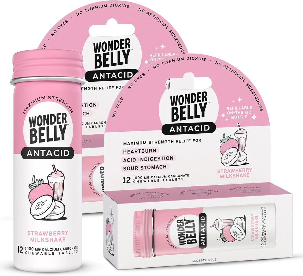 Wonderbelly Antacid, Učinkovita zgaga in Instant kisline prebave Relief, Potovalna velikost Dodatna moč Žvečljive tablete, 1000 mg kalcijev karbonat, Jagode Mlečni napitek, 12 Število (Pack po 2)