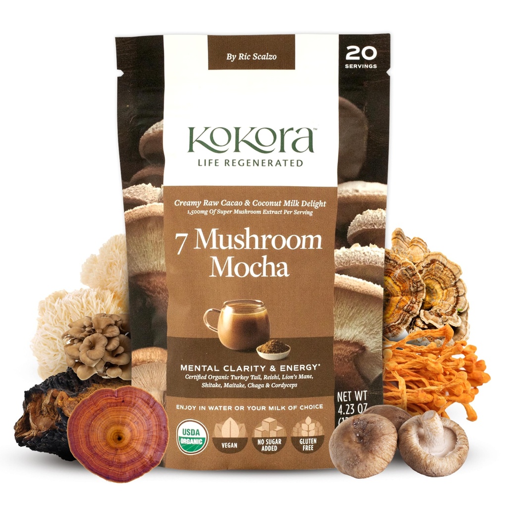 7 Gobe Mocha - Organski adaptogeni goba v prahu - Vključno s Turčijo rep in lev Mane - Energize & spodbuja mentalno jasnost* - Vegan, Gluten brez, brez dodanega sladkorja - 20 Serving - 120g