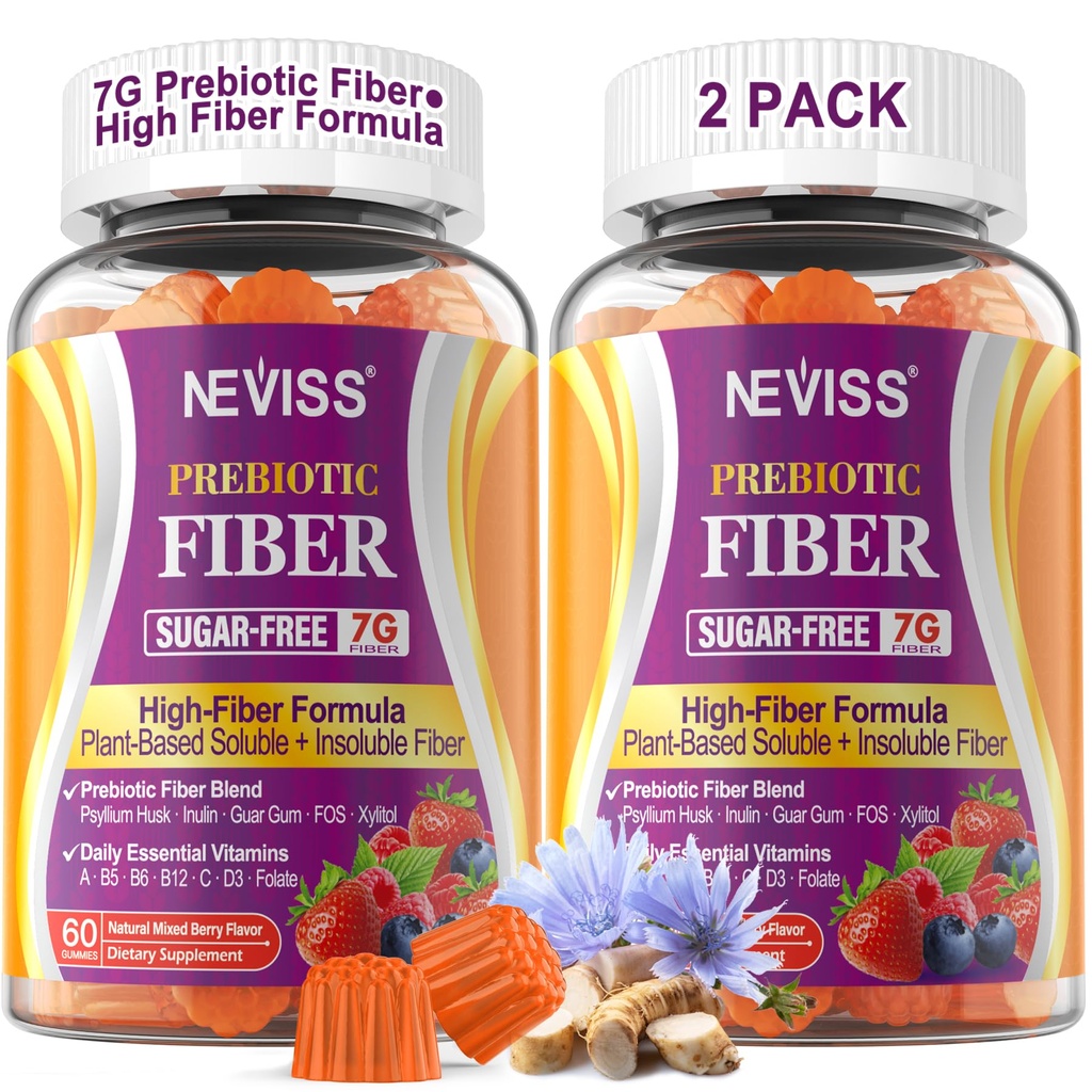 Fiber Gumies za odrasle s Psyllium Husk, 7G(Soluble + Netopna) Dnevni prebiotične Fiber z inulinom, FOS, Guar Gum, Multivitamini za vsakodnevno digestivno zdravje, regularnost podpora, Sugar Free,Pack z 2