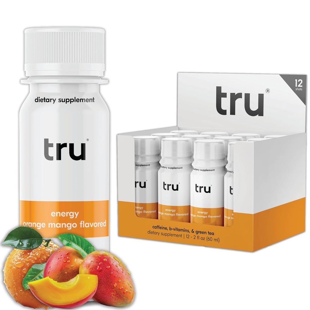 Tru Energy Shot, Dodatna moč Energy Drink z naravnim kofeinom, Zeleni čaj, B Vitamini B3, B6 & Vitamin B12, Zero Sugar & Calories, Keto, Vegan, Gluten Free, Orange Mango, 2 FL OZ steklenice, 12 Pack