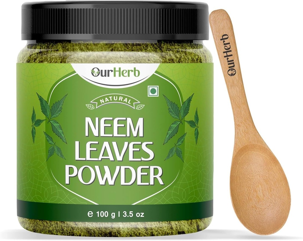 Neem Leaves Powder Natural Solution for Pimple-free Clear Skin & Silky Hair, Idealno za obrazne pakete, nego las, in Pigmentation Support with Wooden Spoon – 100g 