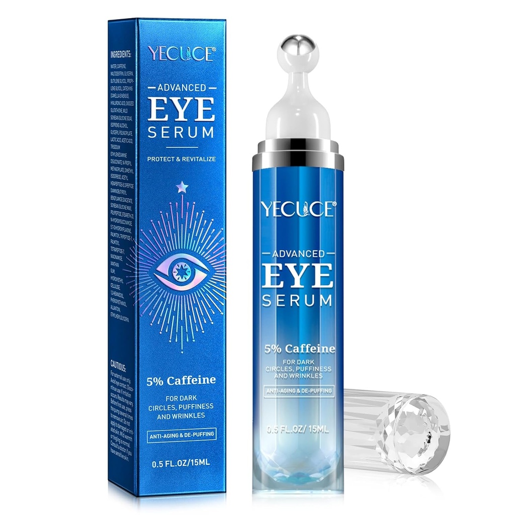 5% Kofein Peptide Eye Serum, pod oko Roller krema za temne kroge, Puffiness, vrečke pod očmi - 360° Masažna kroglica krema za gube, fine linije in čvrstost (modra)