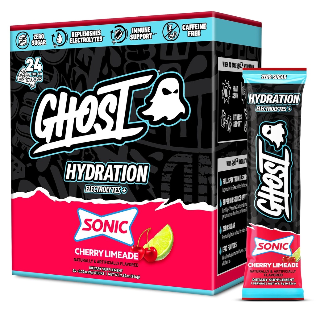 GHOST Hydration Packets, Sonic Cherry Limeade, 24 palice, Elektrolit v prahu - pijača Mix dodatek z magnezijem, kalijem, kalcij, vitamin C - Vegan prijazno, brez soje, sladkor & Gluten