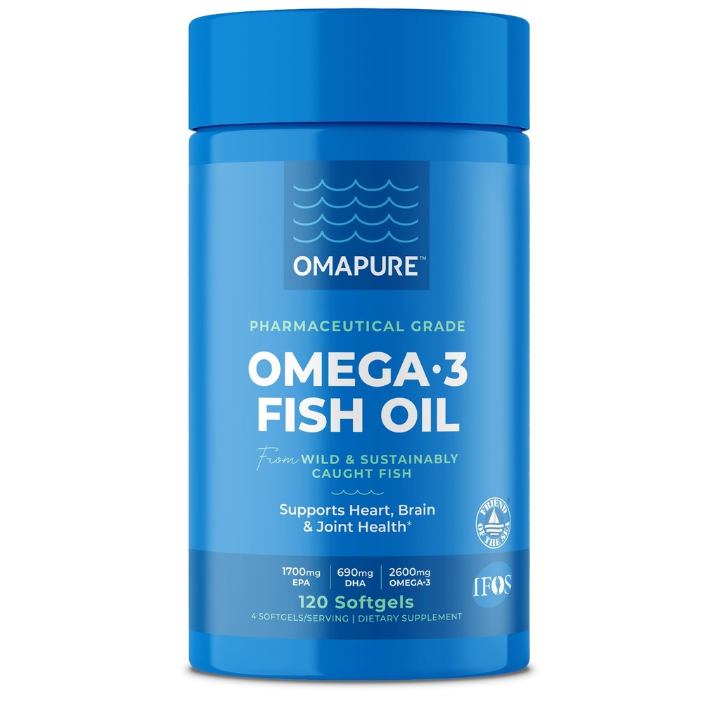 OMAPURE ribje olje dopolnila z Omega 3 Maščobne kisline (1 steklenica, 120 Softgels) - Visoko EPA, DHA, & IFOS Ribje olje tablete Podpora srce in skupno zdravje - Burpless ribje olje spodbuja delovanje možganov