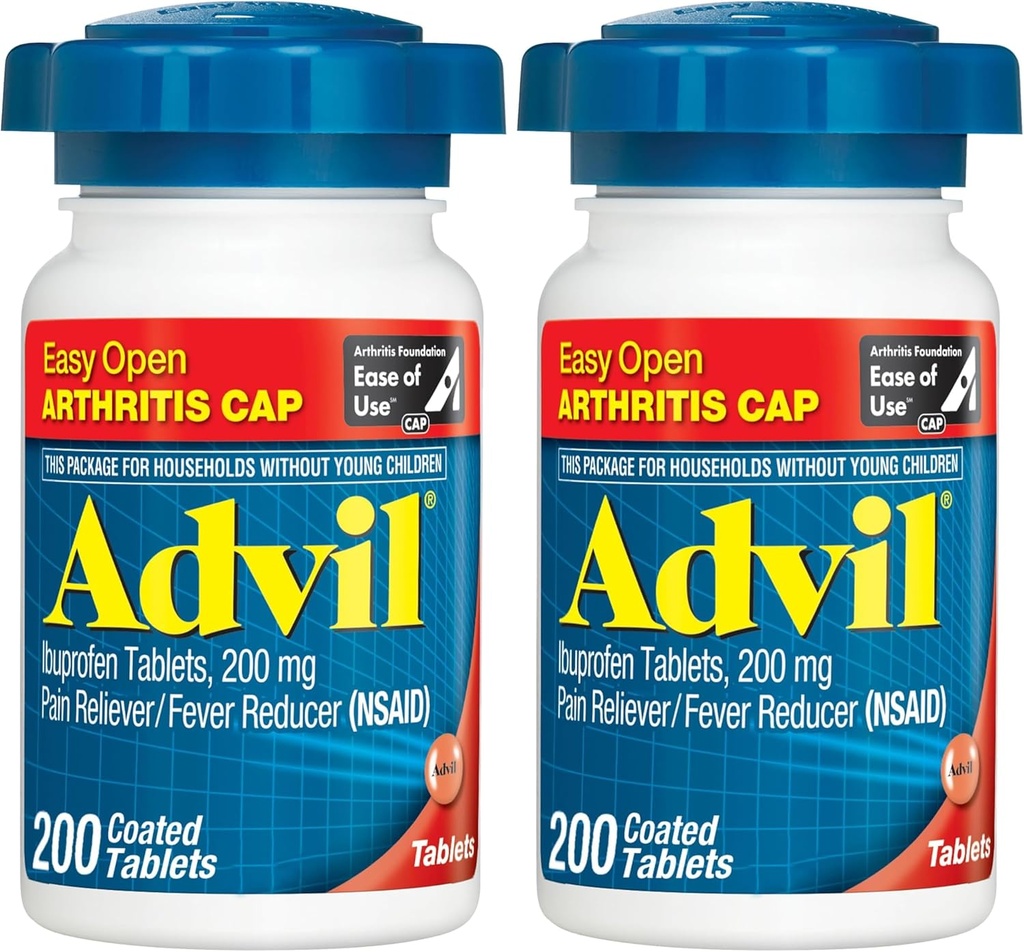 Advil Pain Reliever in Fever Reducer, Pain Relief Medicine z Ibuprofen 200mg za bolečine v sklepih, bolečine mišic in manjše artritis bolečine Relief - 200 Obložene tablete z enostavno odprto Artritis Cap