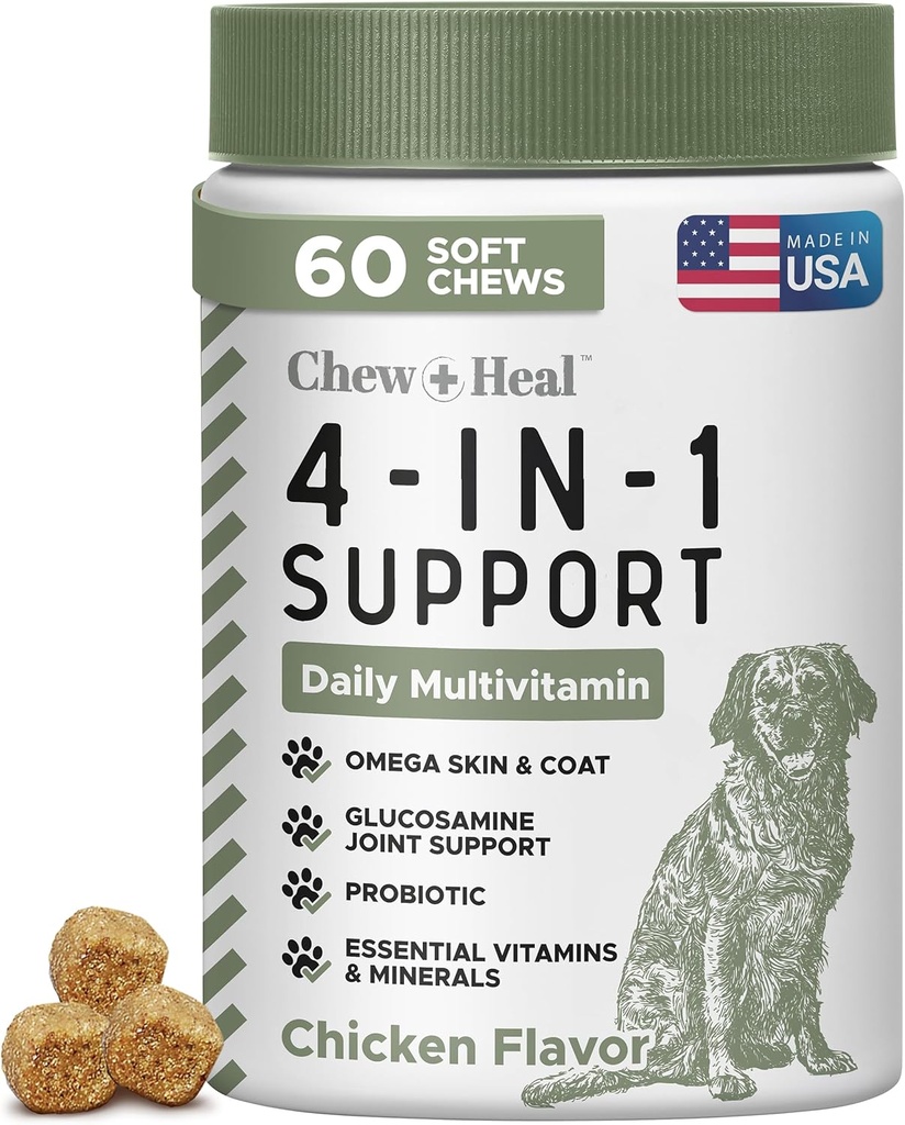 Vse v 1 Dog Vitamini in dodatki, 60 Soft Chew Multivitamini z glukozaminom, probiotiki, Omega ribje olje -za kožo, plašč, Hip, Joint & Gut zdravje - Senior, Kužek, veliki in majhni psi