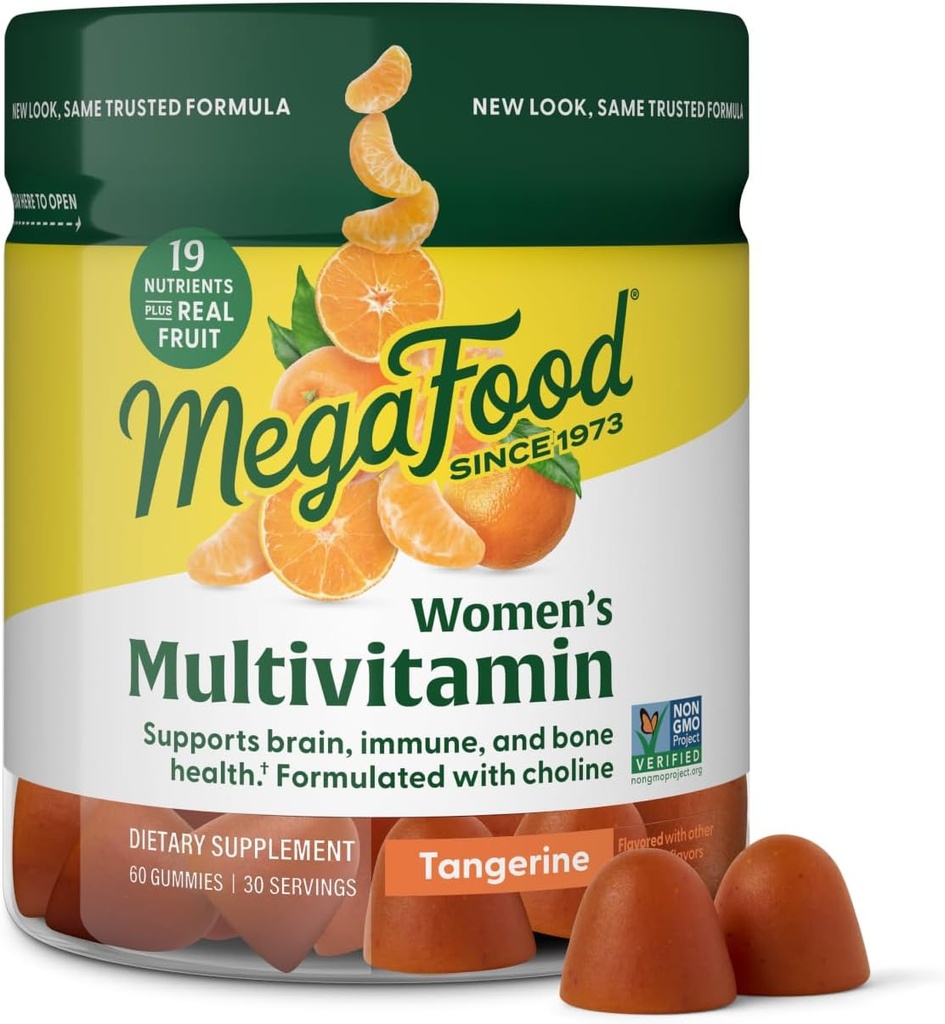 MegaFood Women's Multi - multivitaminski za ženske - Gummy Vitamini - Vitamin C, Vitamin D, cink, Vitamin B12 & holin - Imunska podpora & zdravje kosti - Vegetarian - Tangerine - 60 Gumies (30 strežb)