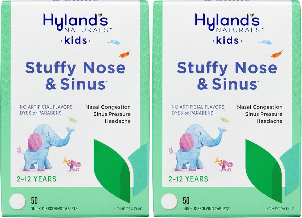 Hyland's Naturals Otroci zamašen nos in Sinus tablete, Hladno in alergija Medicina za otroke starosti 2 in up, Glavobol Relief in Nasal Decongestiv, Hitro raztapljanje tablete, 50 Število (Pack po 2)