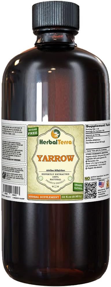 Yarrow (Achillea Millefolium) Tinktura, Tekoči ekstrakt organskih posušenih cvetov (Brand Name: HerbalTerra, Ponosno izdelan v ZDA) 32 fl.oz (0,95 l)