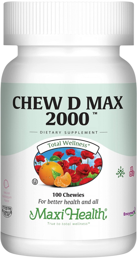 Maxi Health Žvečljivi vitamin D3 2000 i.e. dodatek - okusna naravna aroma žvečilnega gumija - podpira absorpcijo kalcija, imuno in zdravje kosti pri odraslih ženskah, moških, otrocih in malčkih - 100 žvečil