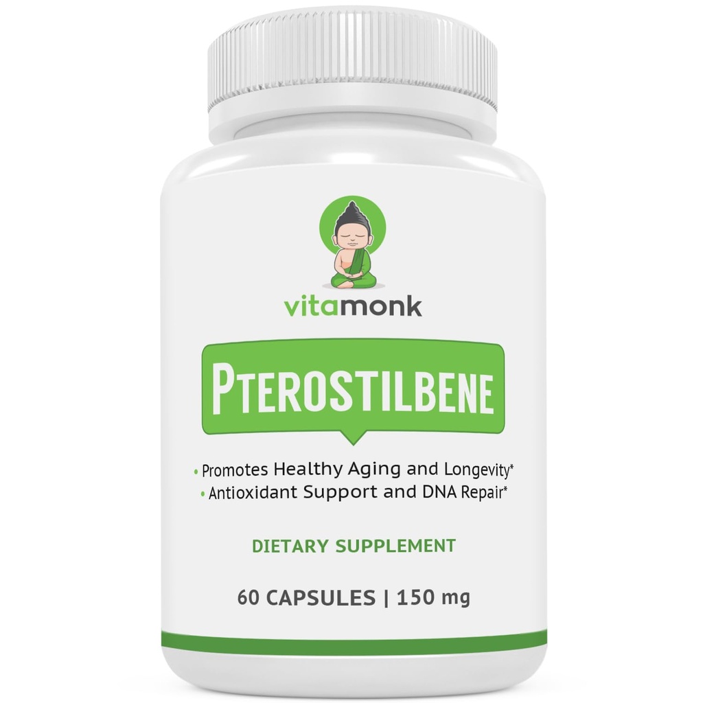 VitaMonk Pterostilbene 150 mg Kapsule Brez umetnih polnil - Soy Free Trans-Pterostilbene Dodatek, ki spodbuja zdravo staranje in dolgoživost - 60 Veggie-Caps - Izboljšana Resveratrol