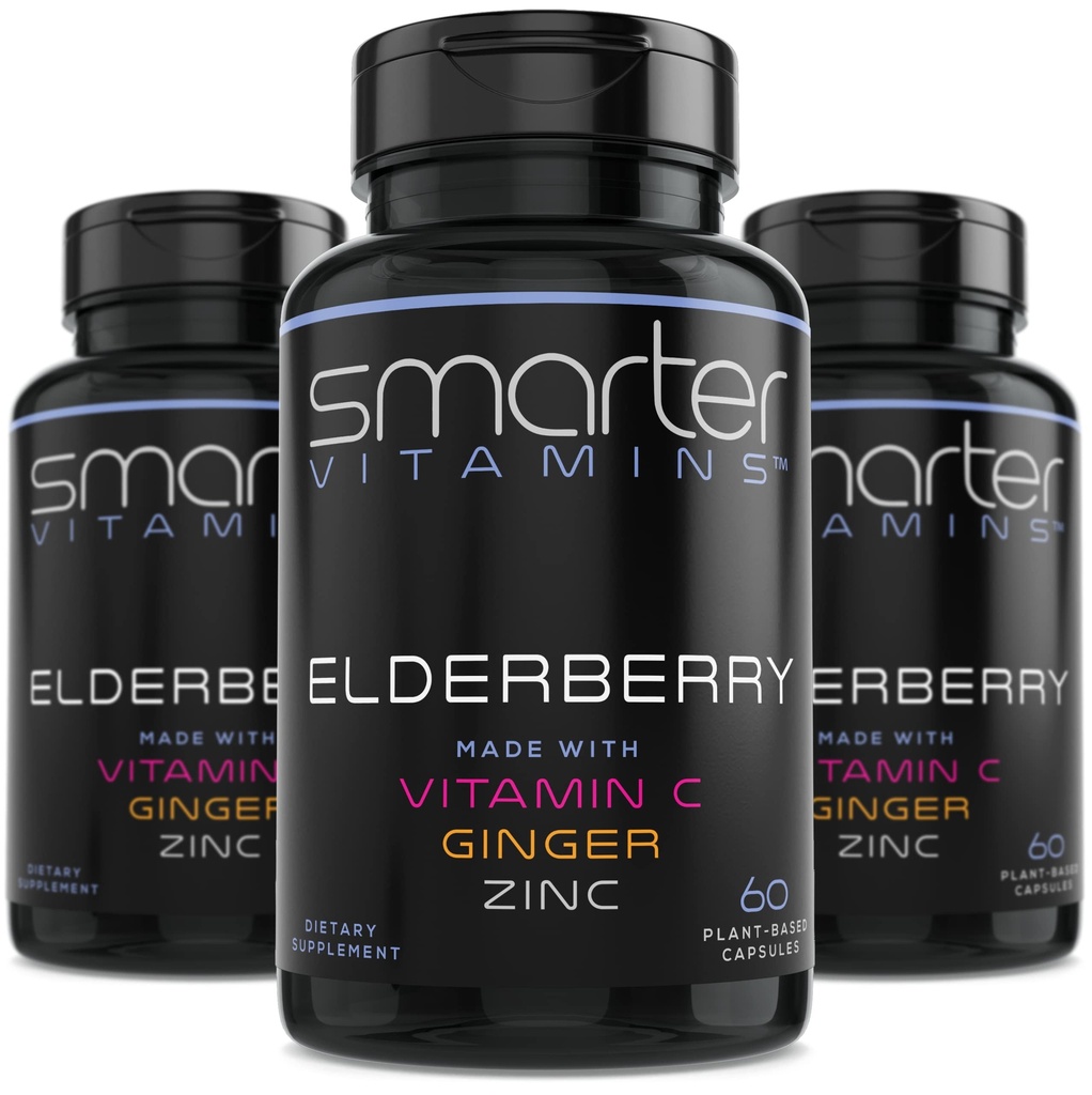 (3 pakiranja) Pametnejše Elderberry kapsule + vitamin C + ingver & cink, zeliščni dodatek, močan črni starejši Berry ekstrakt antioksidant vitamin, 180 Veganske tablete