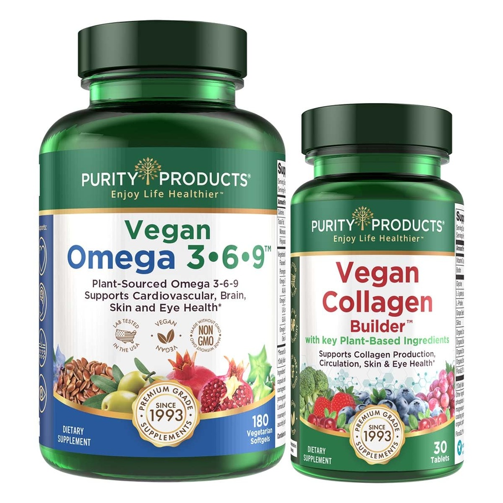 Izdelki čistosti Bundle - Vegan Omega 3-6-9 (180 ct)+ Vegan Collagen Graditelj Omega 3-6-9 (»5 v 1« Rastlinsko osnovana Omega Essential Maščobna kislina) - Vegan Collagen Graditelj (m/Ključne sestavine na osnovi rastlin)