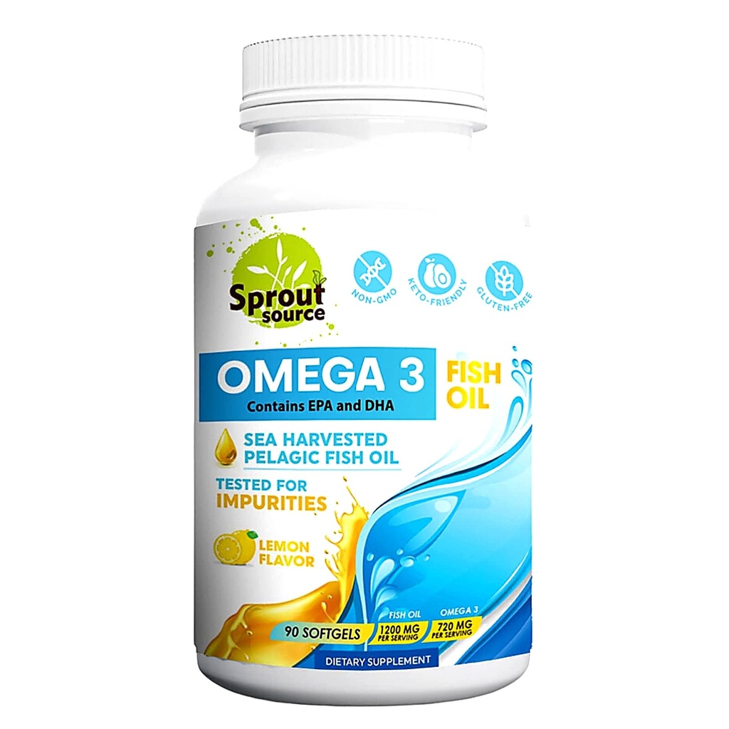 Pelagično omega-3 ribje olje za zdravje srca, oči in skupno podporo - 1200mg, 90-dnevna dobava - Visoka vsebnost EPA DHA Maščobne kisline - limonska aroma ribje olje sardona - 90 kapsul