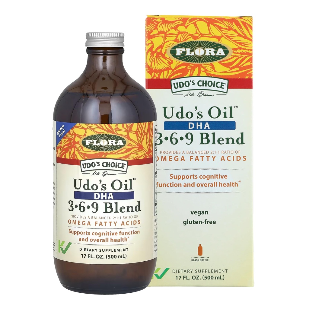 Flora - Udo Oil DHA 3-6-9 Mešanica - Vegetarian Eye & Brain Health Supplement - Omega-3 & Omega-6 - Vsebuje sončnično olje in laneno olje - Kosher & Organic - Hranite ohlajeno - 17 fl. oz.