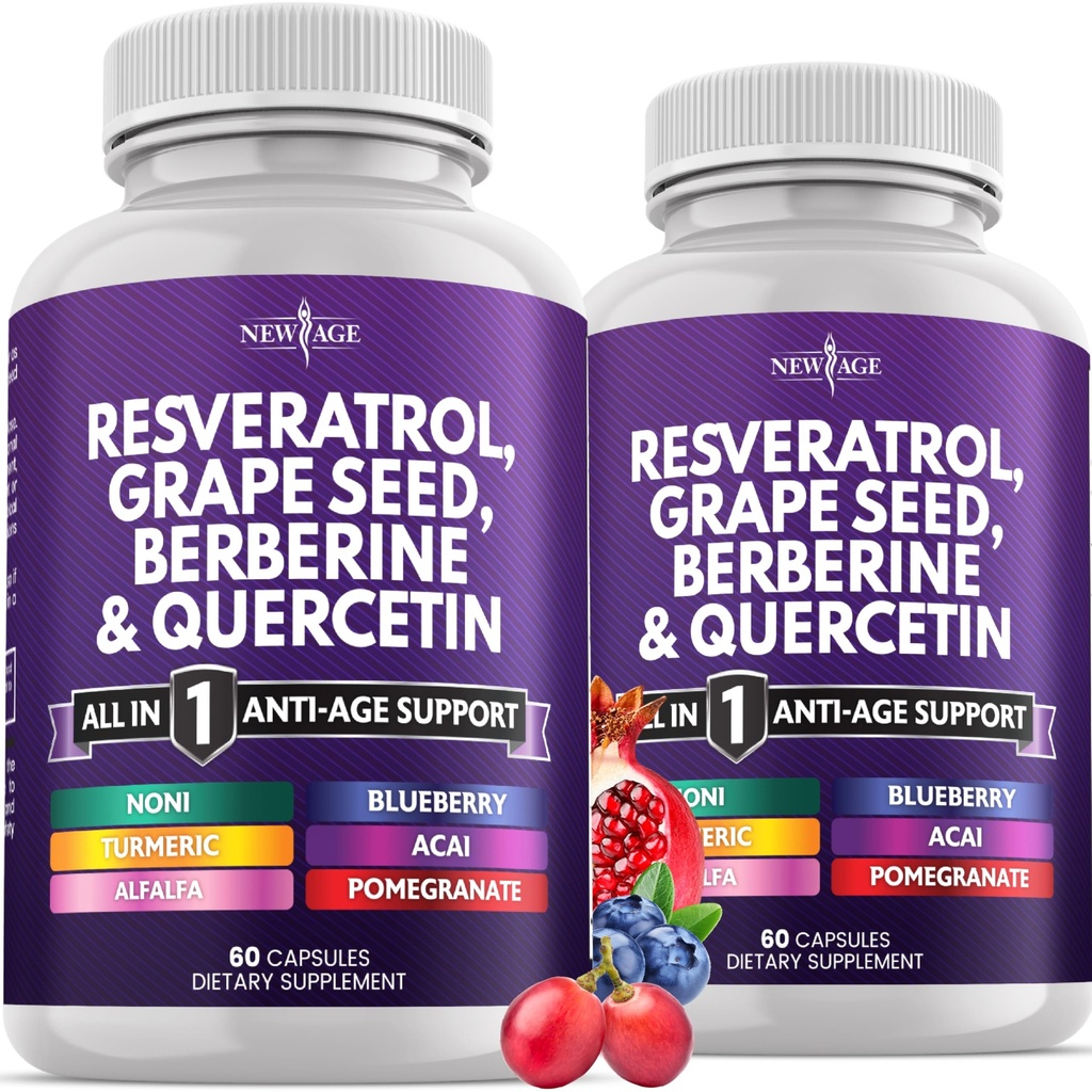 NOVA STAROST Resveratrol, Berberin, izvleček grozdnega semena, Quercetin, polifenol dopolnilo za ženske in moške z Noni ekstraktom, N-acetil cistein, ekstrakt Acai - 120 kapsul