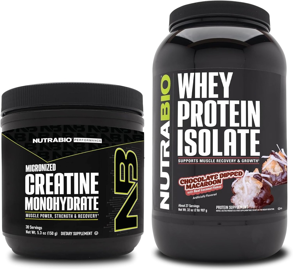 NutraBio Kreatin Monohidrat, nearomatiziran, 150g in sirotkin izolat beljakovin, čokoladni napitek Macaroon, dopolnilo - mišična energija, rast, okrevanje in moč