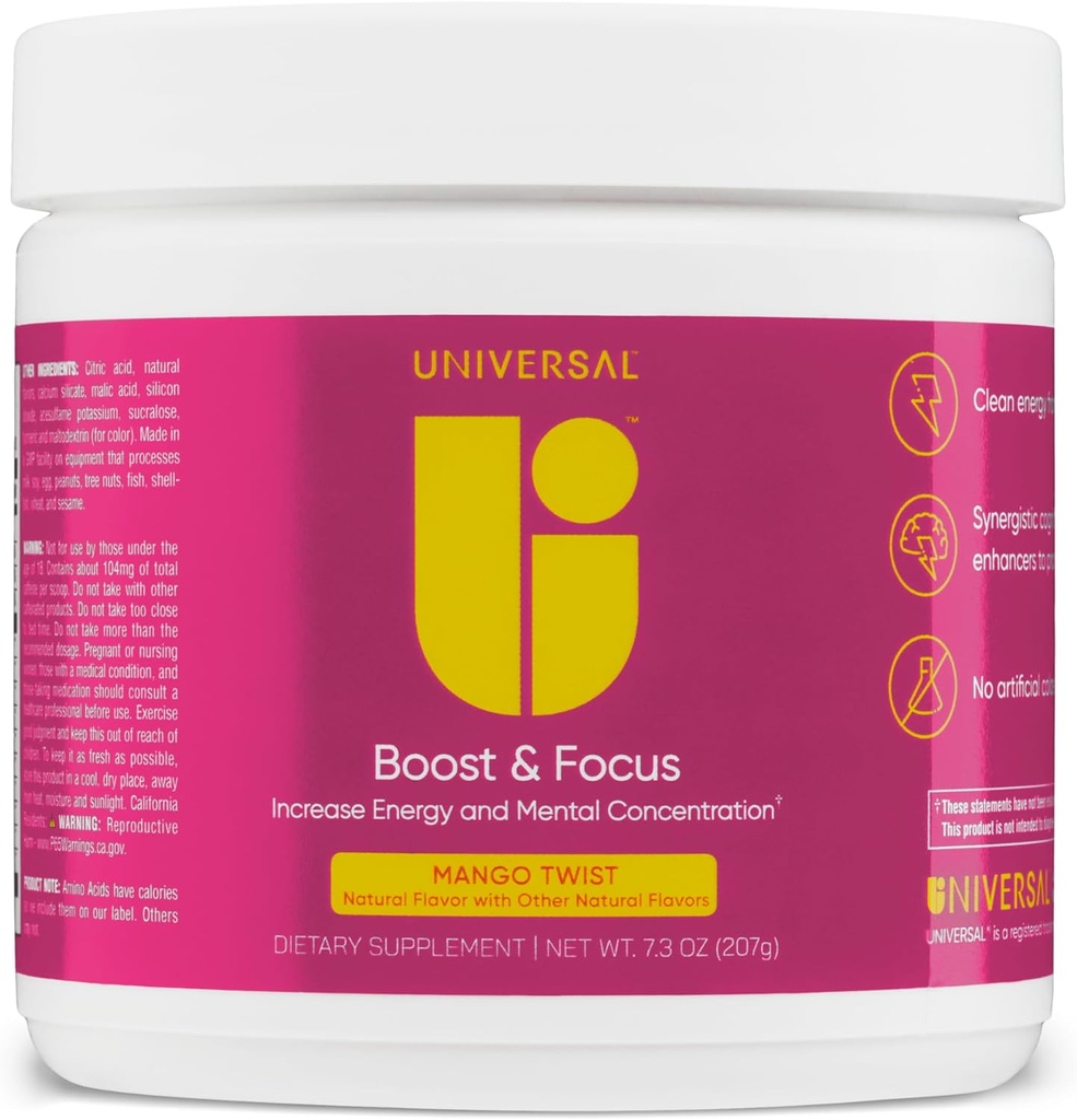 Universal U Boost & Focus Powder, povečanje energetske in kognitivne zmogljivosti, Predworkout, Dosing po meri, VIT B12, Niacin, Choline, L-tirozin, Brez umetnih arom, 30 Serving (Mango Twist)