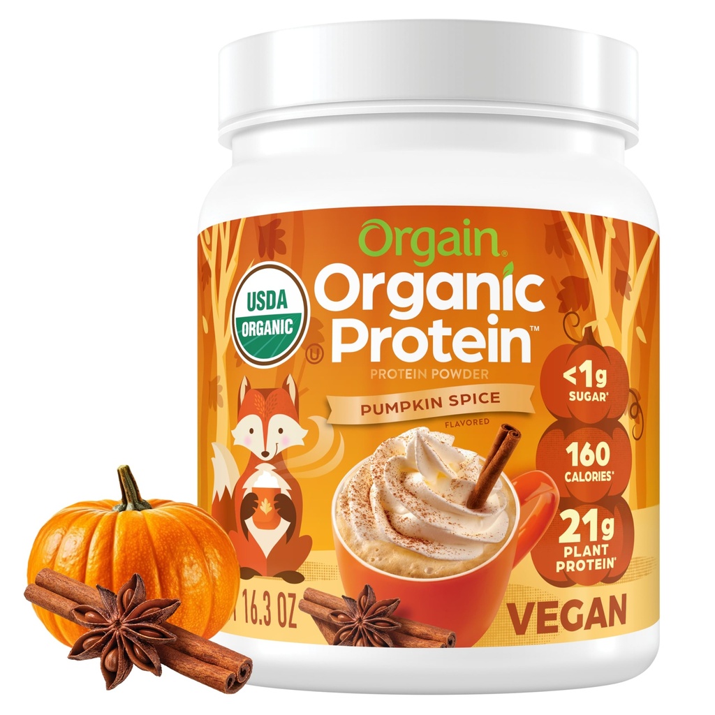Orgain Organski Vegan Protein Powder, Bučna začimba Sezonska aroma - 21g rastlinskih beljakovin, 5g prebiotične vlaknine, brez laktoze Sestavine, Brez dodanega sladkorja, ne-GMO, za pretrese in napitke, 1,02 lb