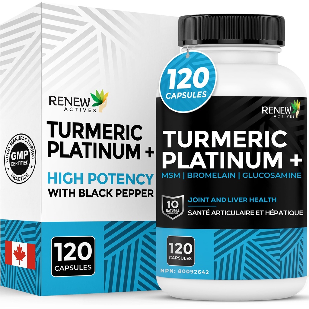 Renew Actives Turmeric Platinum 1350MG na 3 kapsule s črnim poprom in ingverjem – antioksidant, jetra in prebavna podpora – zmanjša vnetje in poveča odpornost – Izdelano v Kanadi – 120 kapsul