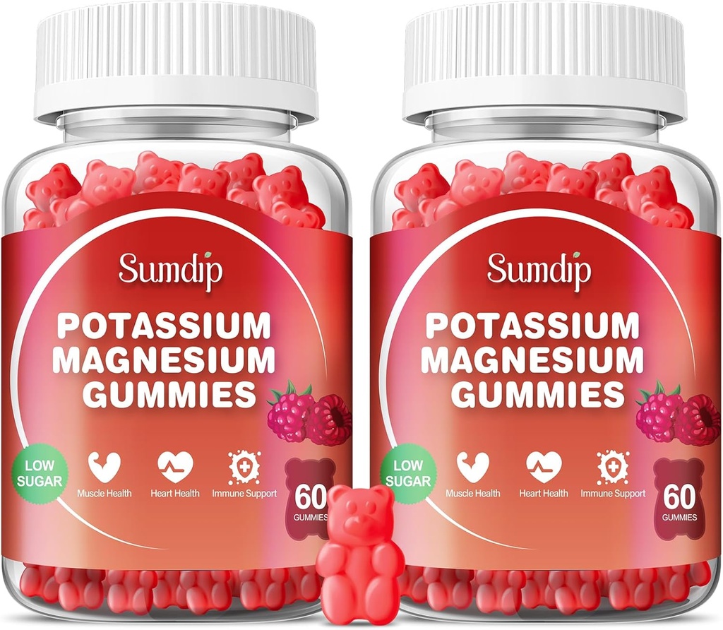 Magnezij Kalij Gumies, mišice in srce zdravje, noge Cramps in spanje, kalijevi dodatki Gummy ne-GMO Gluten brezplačno 60 Gummies-2 paket, malina
