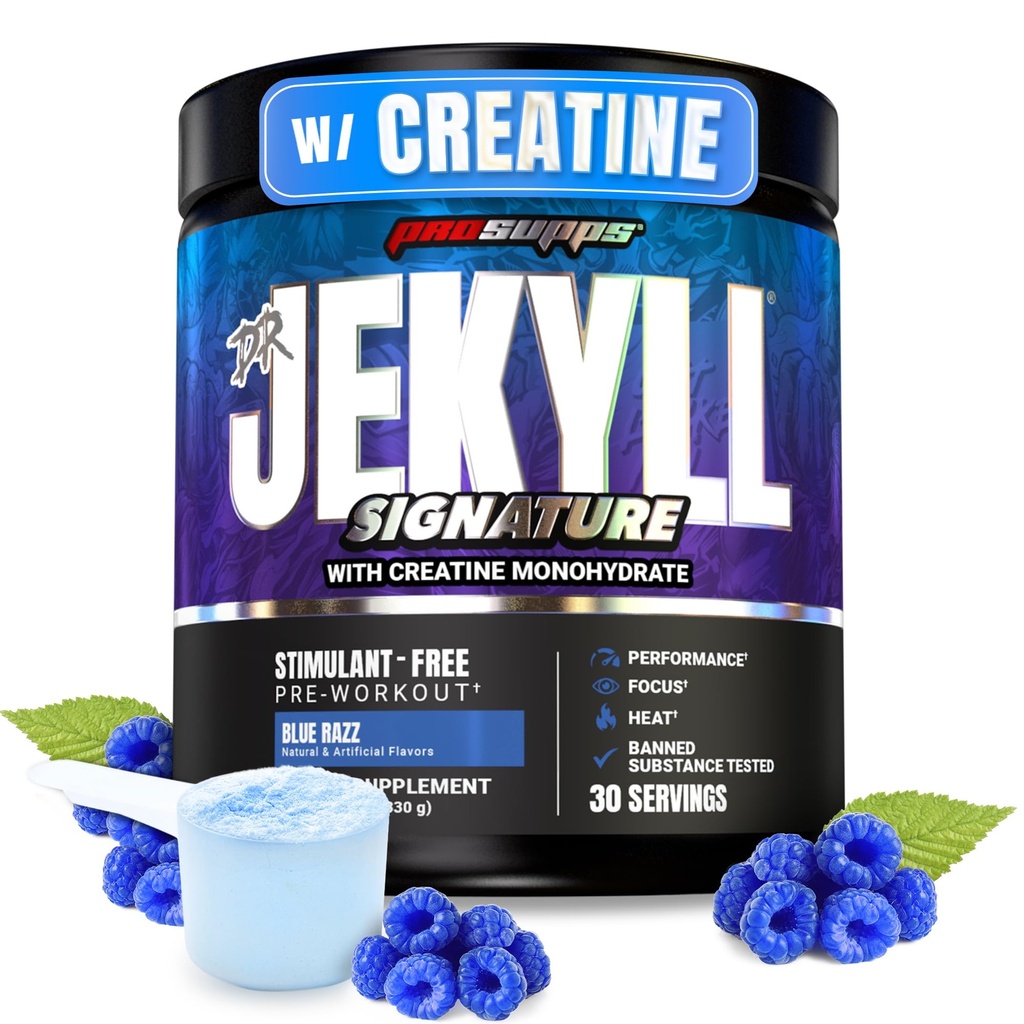 PROSUPPS Dr. Jekyll Signature Pre Workout Powder s kreatinom - Stim-free Preworkout Podpora Focus & vzdržljivost - Kofein-free Gym & Fitness dopolnila (Blueberry Lemonade, 30 Serving)