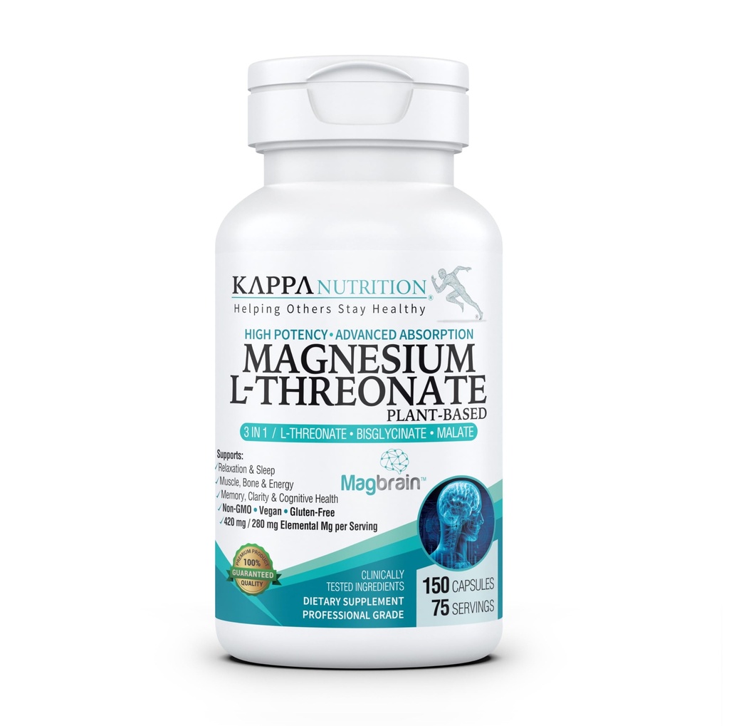 Kappa Nutrition Powered by MagbrainTM Magnezij L-Threonate Plant-Based, 420mg Elemental Magnezij (3 kapsule) iz 2.253mg, 150 Veganskih kapsul, možganov, Sleep & Muscle Support.