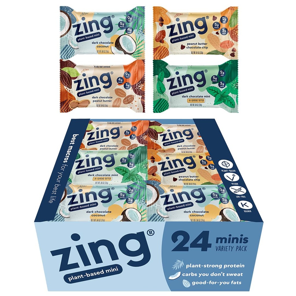 Zing Kids Protein Bars Variety Pack, Gluten Free 100 Calorie Mini Bars z visokimi beljakovinami, Vegan Nutrition Bars, Dairy Free Plant Based Protein - 24 št