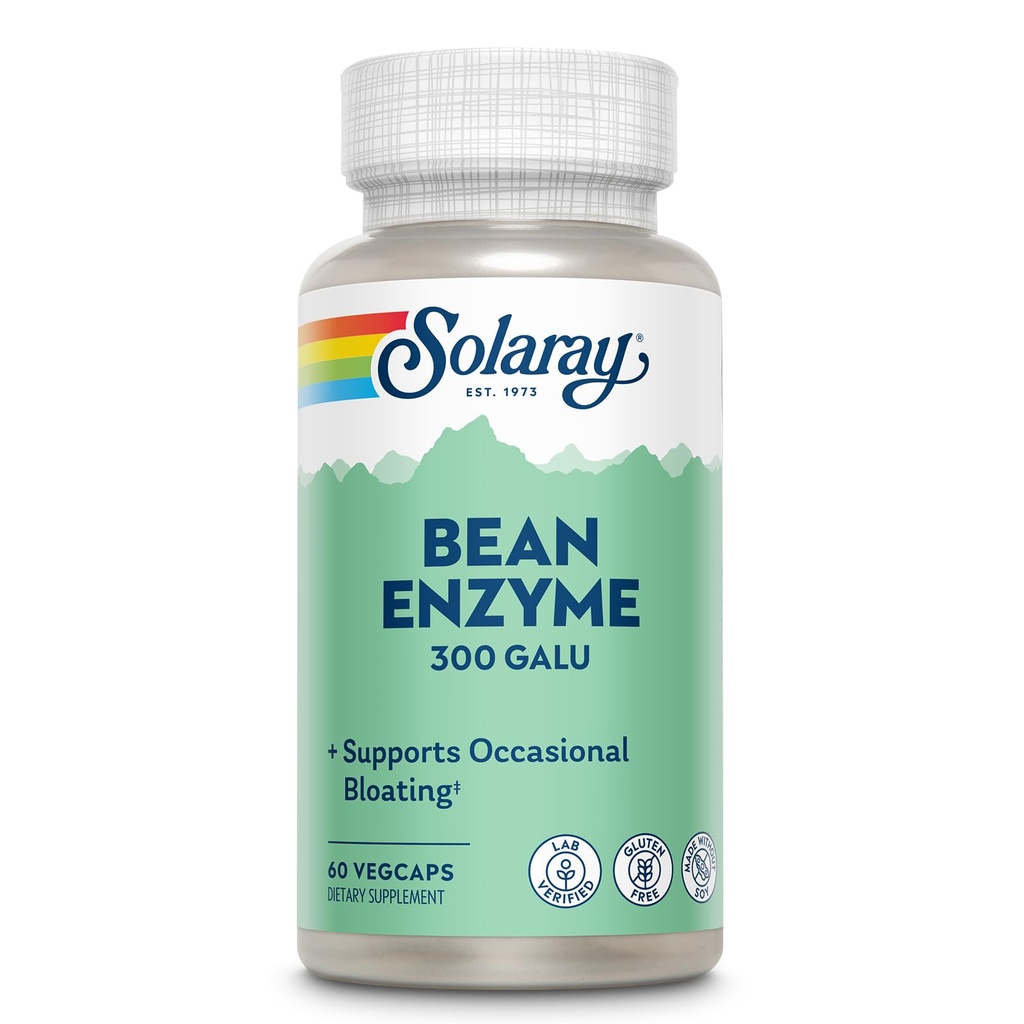 SOLARAY Bean Enzyme 300 GalU - Alpha Galactosidase Prebavne encime za ženske in moške - Prebavne zdravstvene dopolnilo - Podpira občasno napenjanje in lajšanje plina za odrasle - 60 Serving, 60 VegCaps