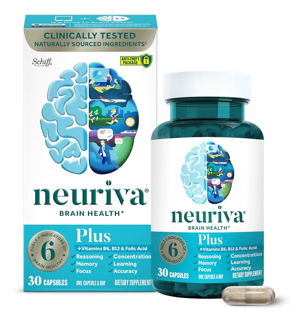 NEURIVA Plus možganski dodatek za spomin, fokus in koncentracijo + kognitivna funkcija s klinično testiranimi nootropiki fosfatidilserin in nevrofaktor, vitamini B6 & B12, 30 kapsul