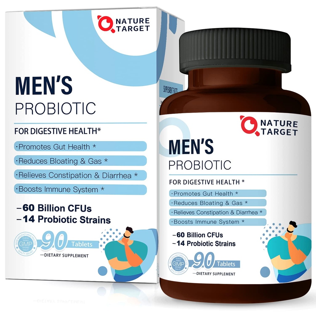 NATURE CILJ Probiotiki za moške z moško nego dodatek, Prebiotiki in probiotiki za moške prebavne in imunskega zdravja,60 milijard CFUs & 14 sevi police Stable, Gluten & Soy Free (90 tablete)