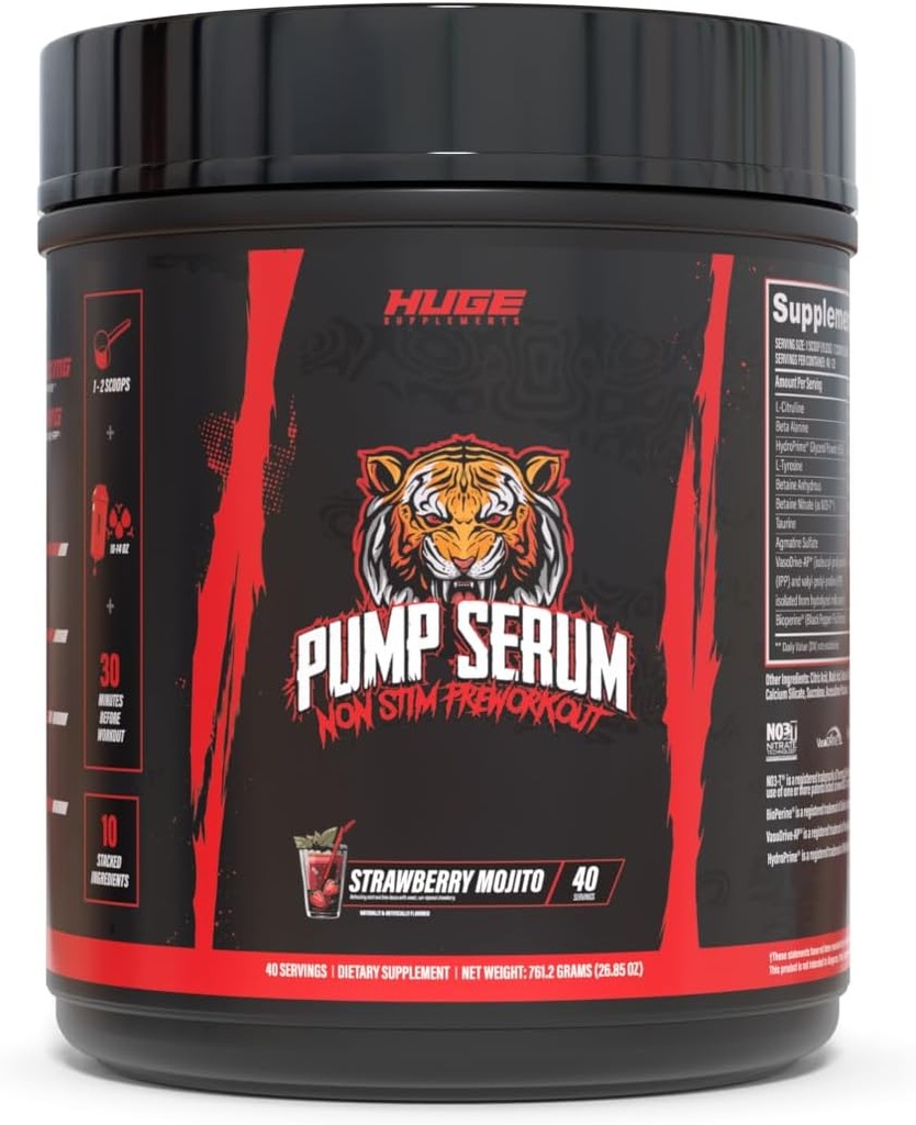 Ogromne dopolnitve Pump serum, Stim Free Pre Workout in Nitric Oxide Booster za povečanje fokus, črpalke, Fulness brez kofeina, L-citrulin, GlycerPump, L-tirozin, Nitrosigin (Strawberry Mojito)