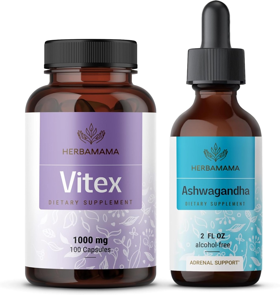 HERBAMA VITEX in Ashwagandha Kit - paket 1000 mg Vitex Chasteberry kapsule & Ashwagandha tekoče kapljice 2 fl oz - Vegan, ne- GMO, sladkor in alkohol brez - 2 paket