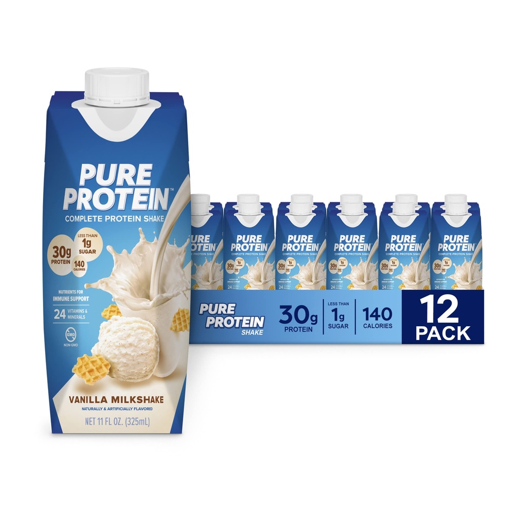 Pure Protein Vanilla Protein Shake, 30g Popolni proteini, Vitamini A, C, D in E plus cink za podporo imunskega zdravja, pripravljeni za pitje in Keto-prijazno, 11oz steklenice, 12 pakiranje