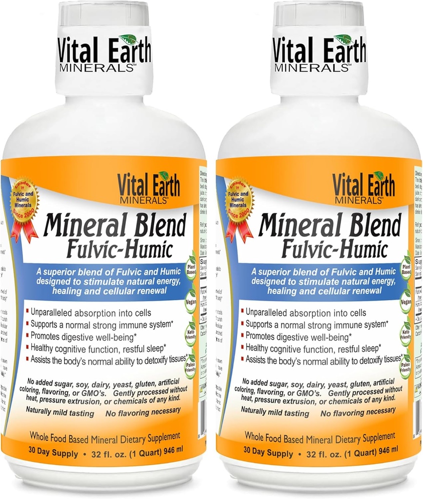 Vital Earth Minerali Fulvic Humic Mineralna mešanica Liquid 2-Pack – Fulvic Acid dodatek s 70+ Trace Minerali, Elektroliti za regeneracijo, Ravnotežje in energijo, 32 Oz Ea + 1 Oz Cup Ea