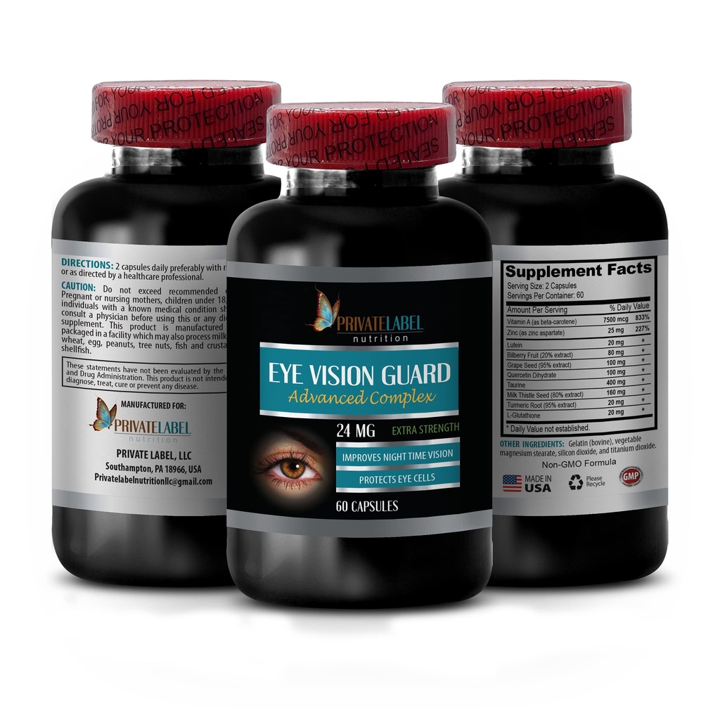 Vizija Vitamini z Lutein - Eye Vision Guard 24 MG - Advanced Complex, Podpora vida, Lutein dopolnila, Vitamin A dodatek, Kurkuma ekstrakt, Izvleček borovnice, Tavrin, 1 Bot 60 kapsule